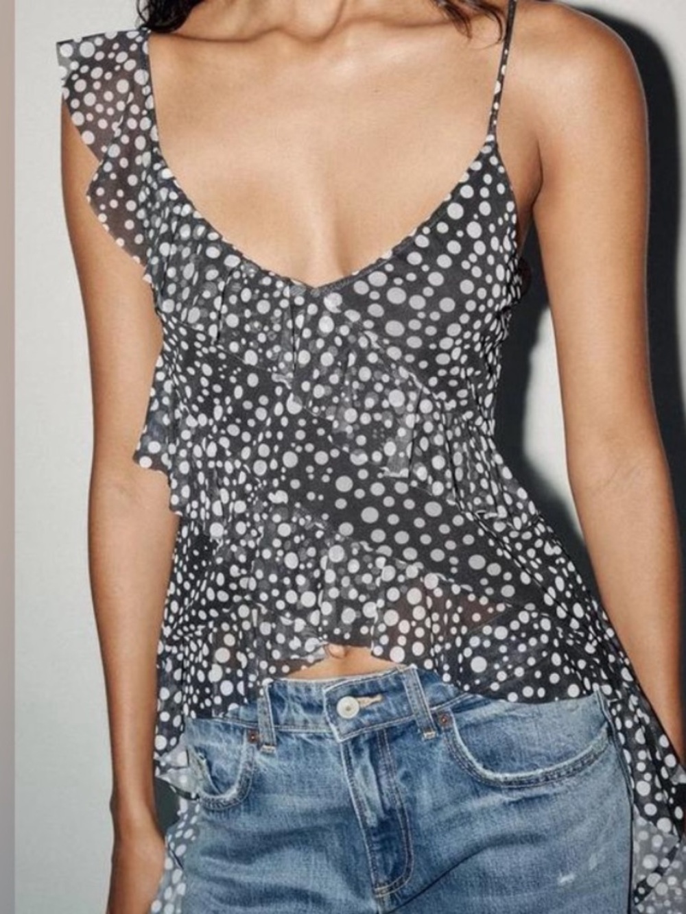 Zara Black and White Polka Dot Ruffle V-Neck Cami